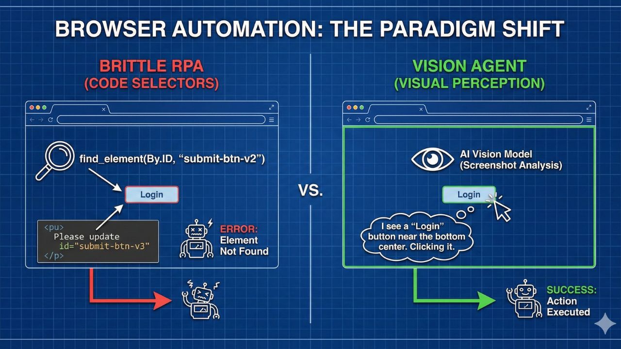 Diagram contrasting 'Brittle RPA' (Code Selectors) vs 'Vision Agent' (Visual Perception)