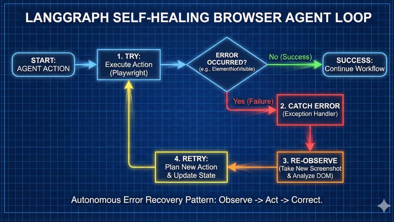 LangGraph flowchart showing the 'Try -> Catch Error -> Re-Observe -> Retry' self-healing loop