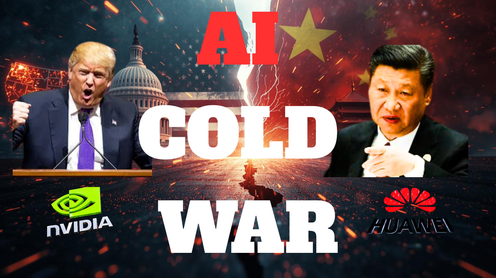 A stylized graphic representing the technological rivalry and trade war between the US and China over AI chips.