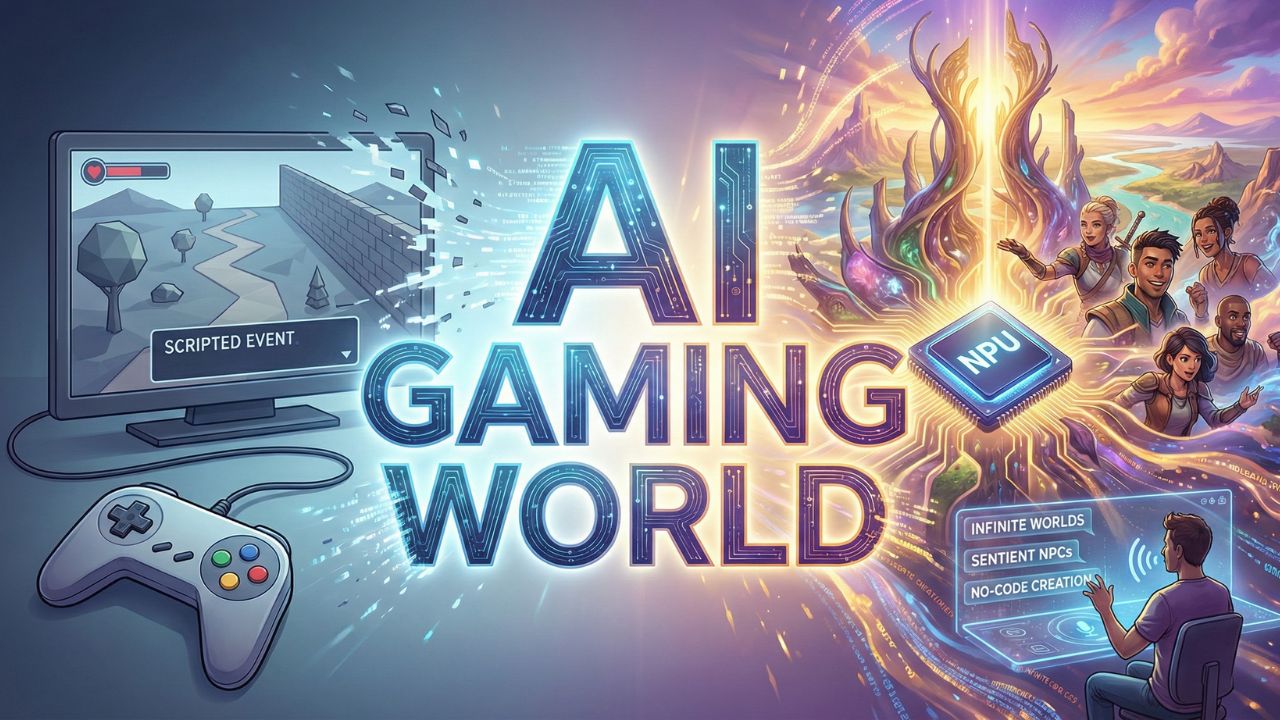 A highly detailed AI generated video game landscape featuring a glowing neural network grid overlapping a fantasy city