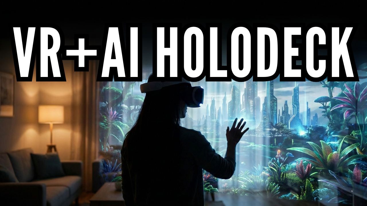A futuristic living room with a user wearing a VR headset, interacting with a mixed reality environment