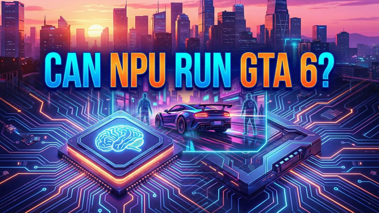 A glowing Neural Processing Unit (NPU) integrated into a PC motherboard, representing local AI hardware running next-generation video games.