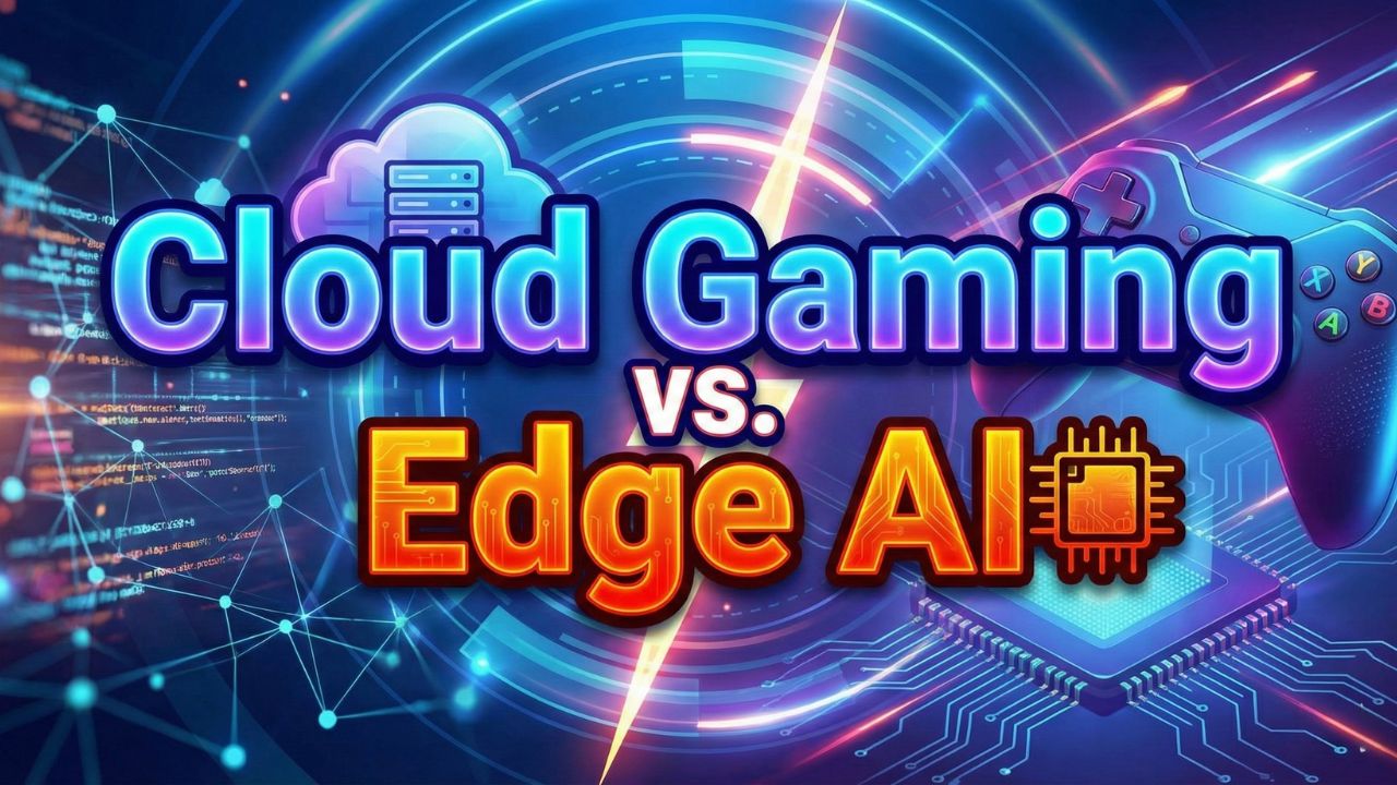 A split visual showing a cloud server farm on the left and a glowing edge AI laptop on the right, representing the battle between cloud gaming and local hardware in 2026.