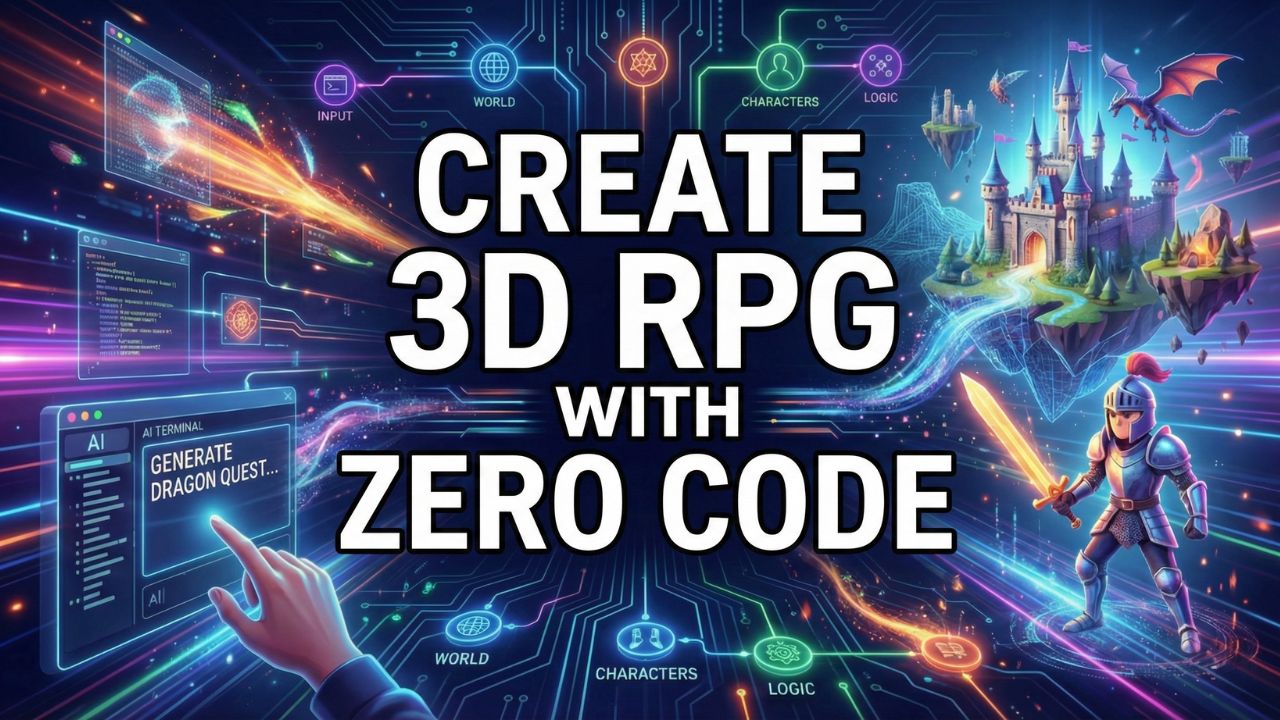 A digital creator generating a 3D role-playing game environment using a futuristic no-code text interface on a floating screen.