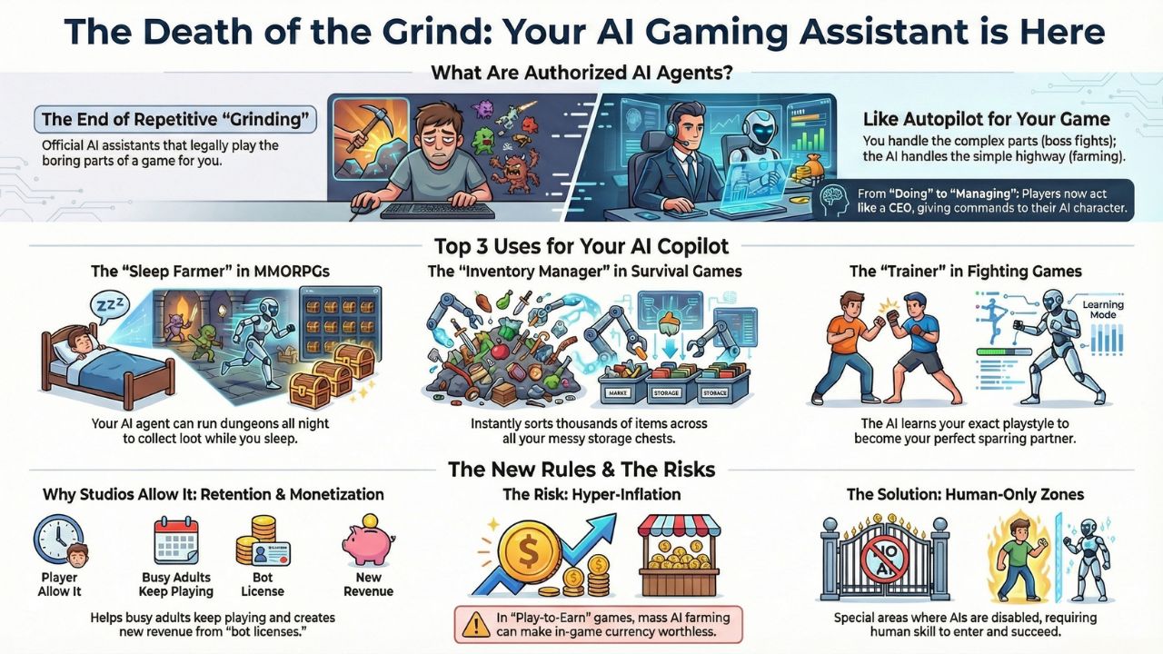 Infographic detailing how AI gaming agents handle repetitive tasks like farming, inventory management, and training in 2026