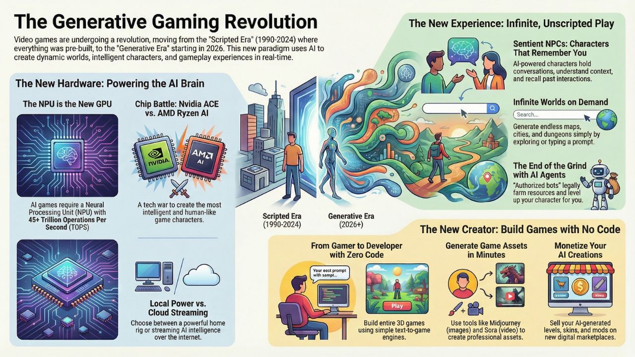 Infographic showing the evolution of gaming from scripted flowcharts to generative AI loops with infinite world generation.