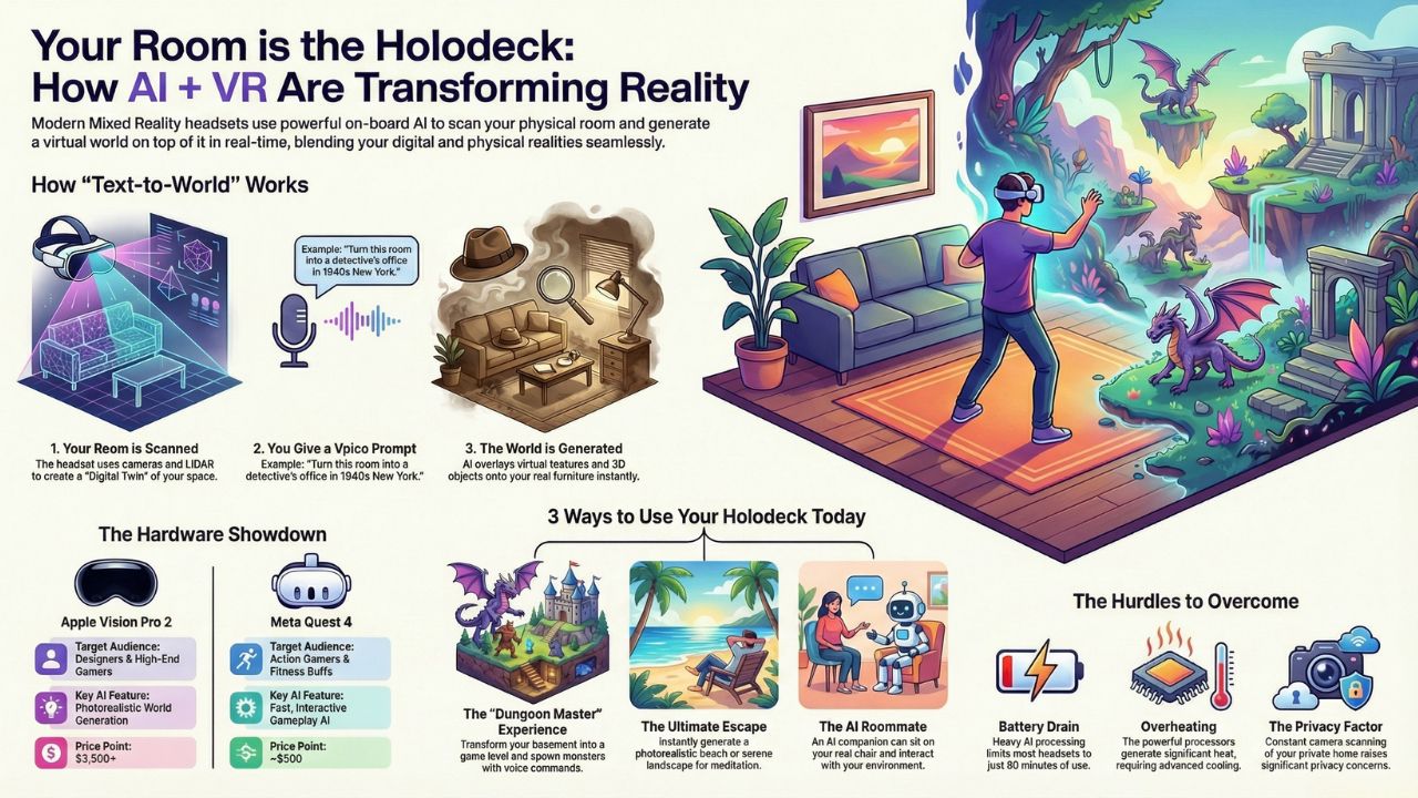 Detailed infographic showing the AI and VR hardware pipeline transforming a living room into a digital forest