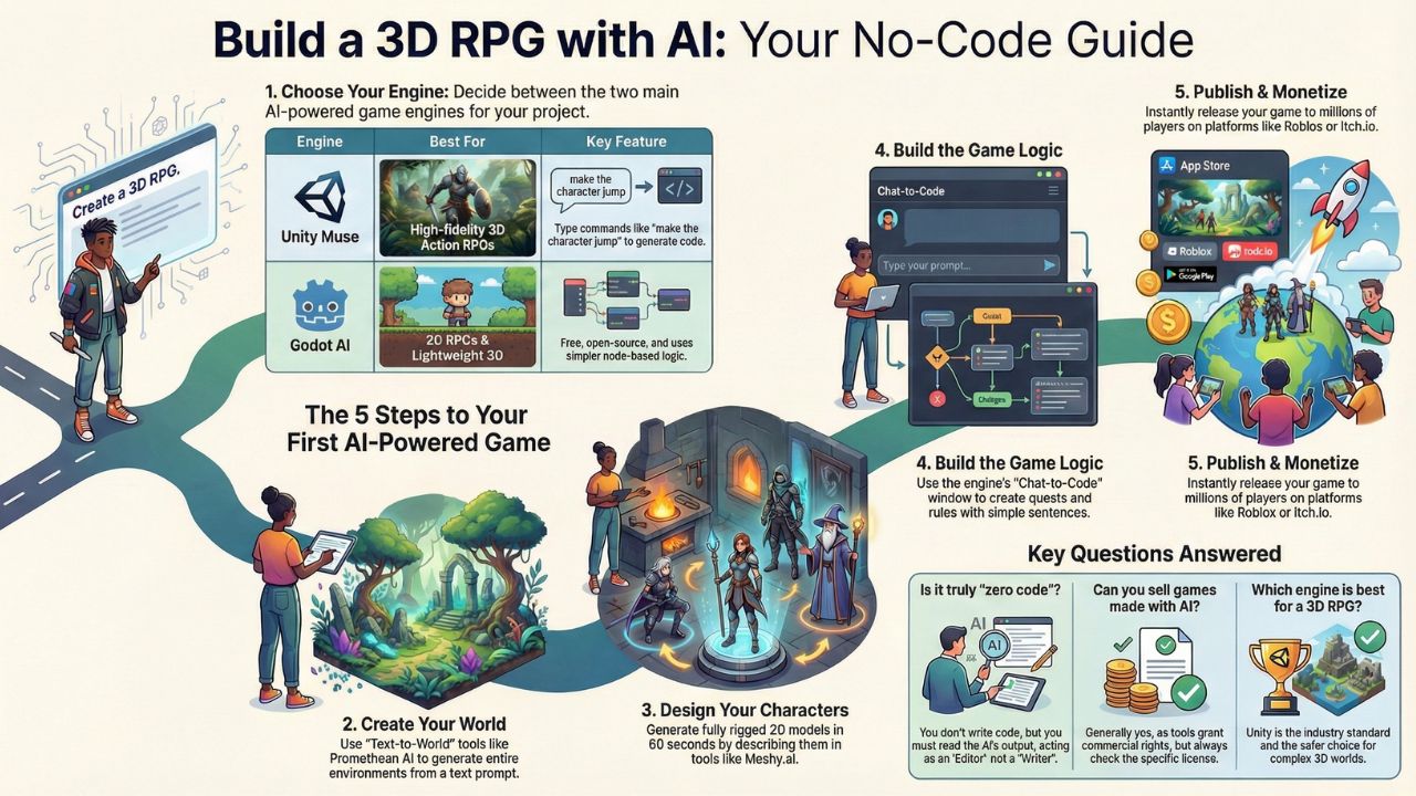 Infographic guide detailing a 5-step roadmap to building a no-code 3D RPG using generative AI engines, character creators, and logic tools.