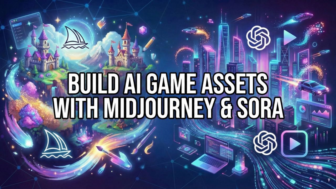 A digital canvas showing an indie game developer using Midjourney to generate 2D sprites and Sora to create 3D cinematic trailers.