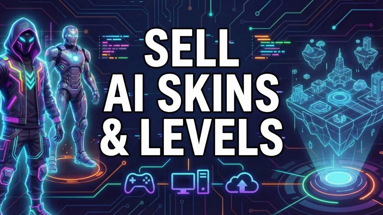 A digital creator monetizing their AI-generated 3D weapon skins and levels on a glowing digital marketplace dashboard.