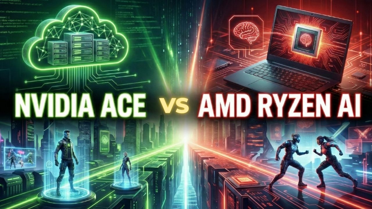A visual comparison of Nvidia ACE and AMD Ryzen AI processors powering smart NPCs in video games