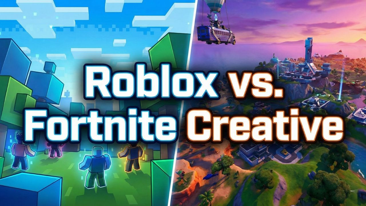 A split-screen comparison showing a stylized Roblox map generated by AI on the left, and a hyper-realistic Fortnite UEFN map generated by AI on the right.