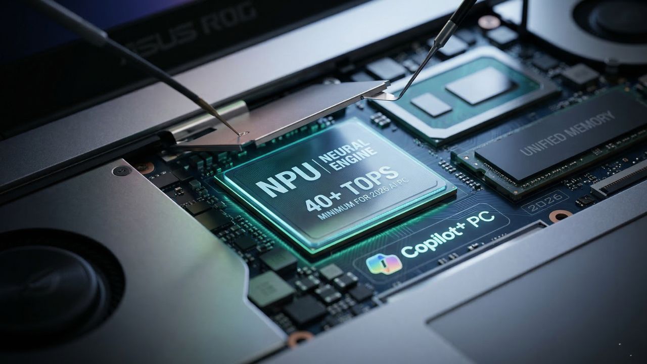 A modern 2026 AI laptop displaying neural network processing diagnostics
