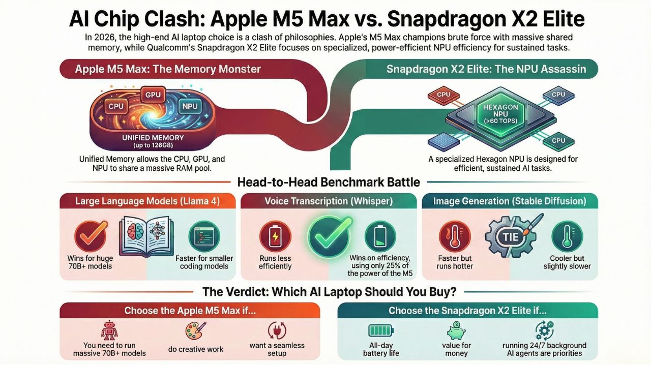 Infographic illustrating the AI Chip Clash between Apple M5 Max and Snapdragon X2 Elite, comparing architectures, benchmarks, and verdicts.