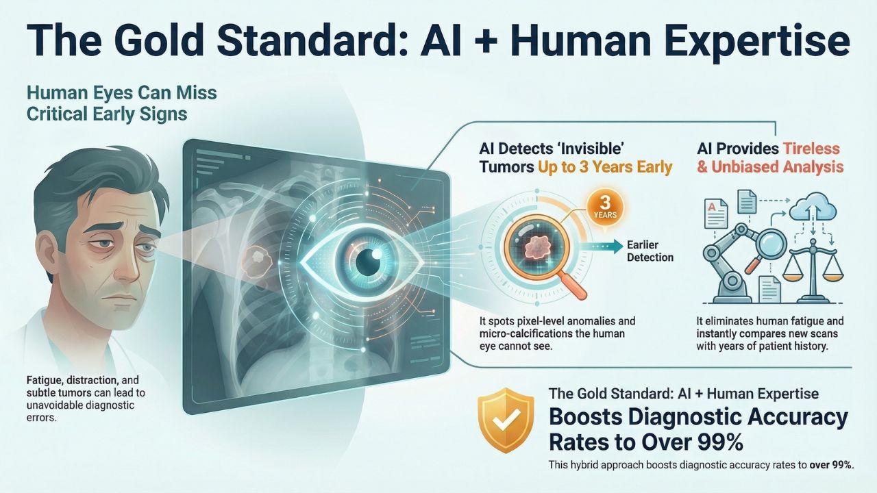 Infographic comparing Human Radiologist fatigue vs AI Precision and the Gold Standard Hybrid Model
