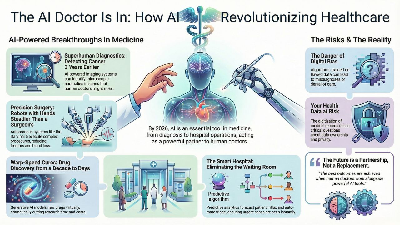 Infographic: The AI Doctor Is In - How AI is Revolutionizing Healthcare (Diagnostics, Surgery, Drug Discovery, and Risks)
