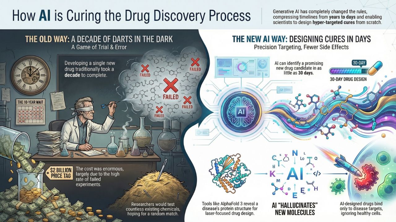 Infographic comparison of Traditional Drug Discovery vs Generative AI Design