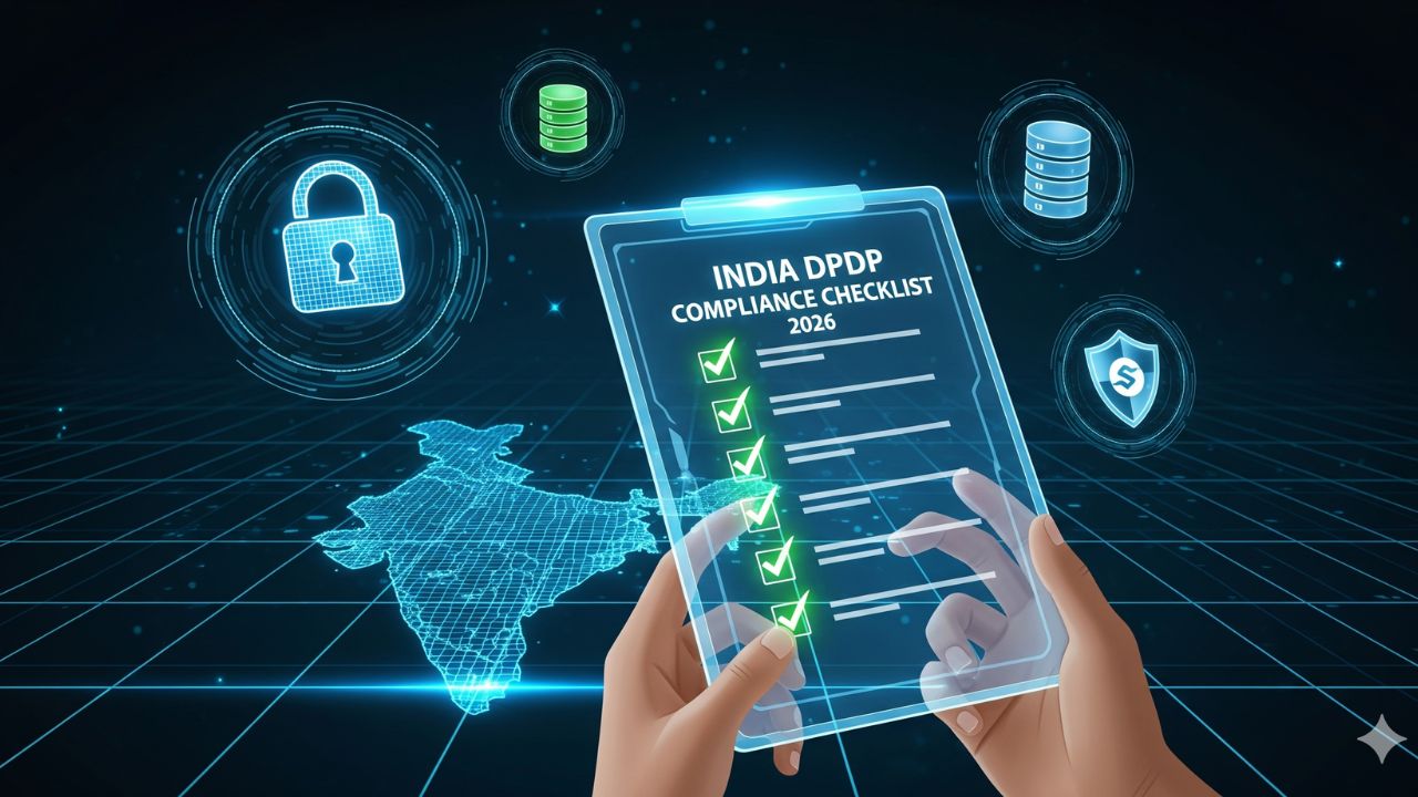 A strategic digital illustration of an AI compliance checklist with Indian context.