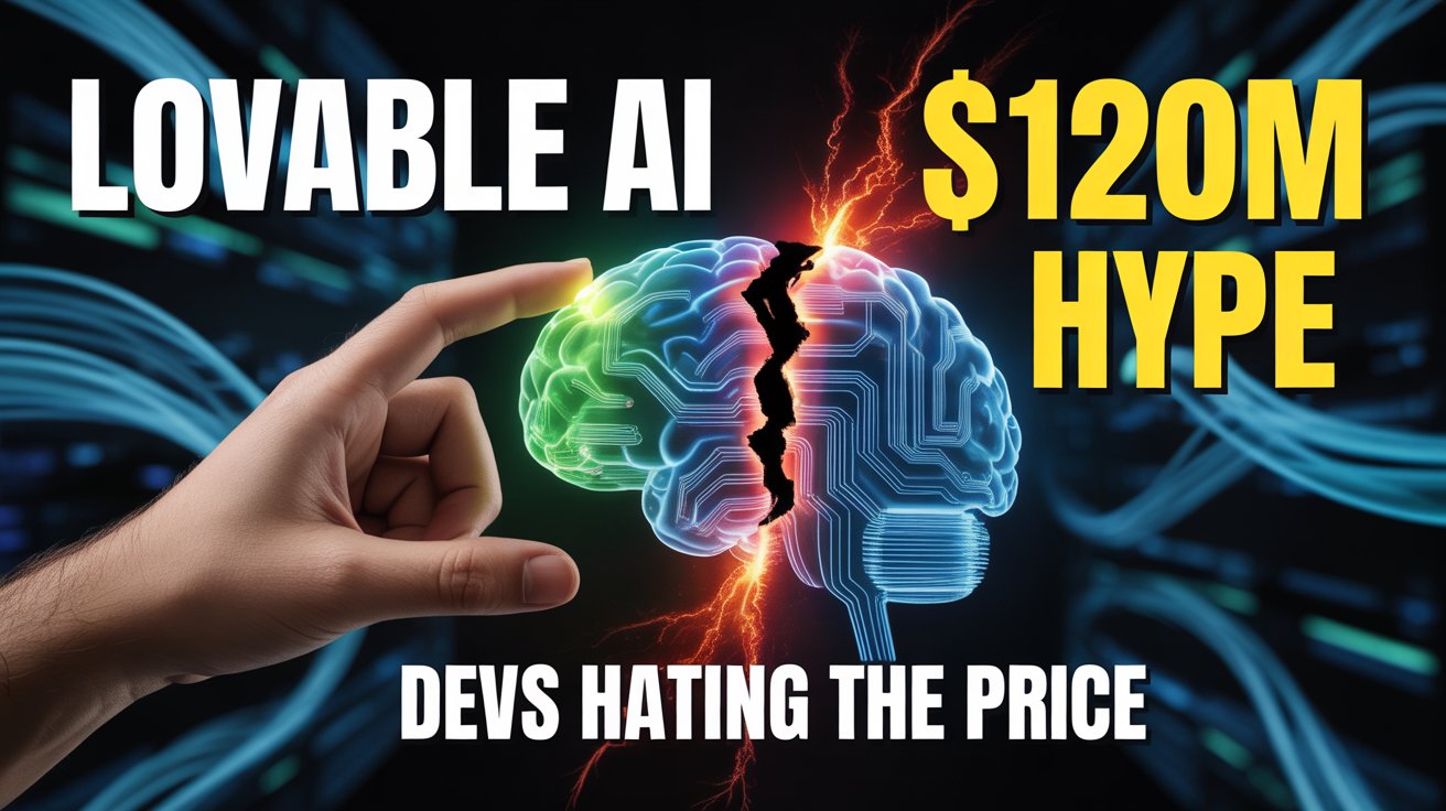 A conceptual image representing 'Lovable AI,' possibly showing a contrast between large financial investment (like $120M) and the complexity or frustration of a coder working on emotionally intelligent artificial intelligence.