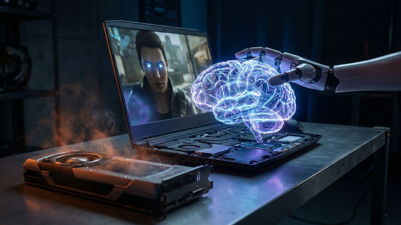 Comparison of GPU vs NPU architecture in modern gaming laptops displaying rendering workload balance